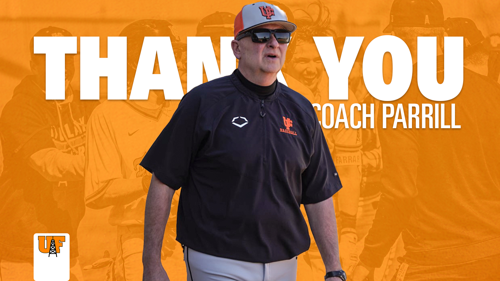 Head baseball coach Steve Parrill on an orange background