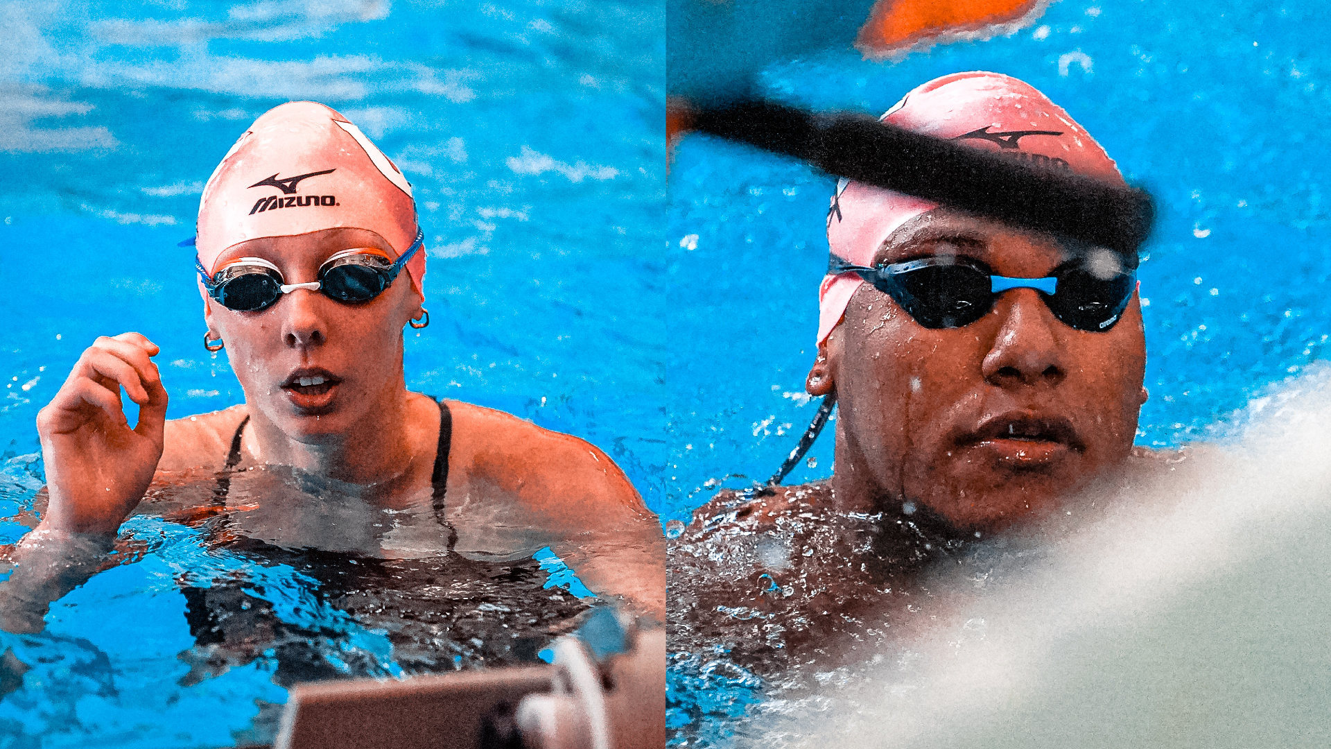 two swimmers side by side in pool