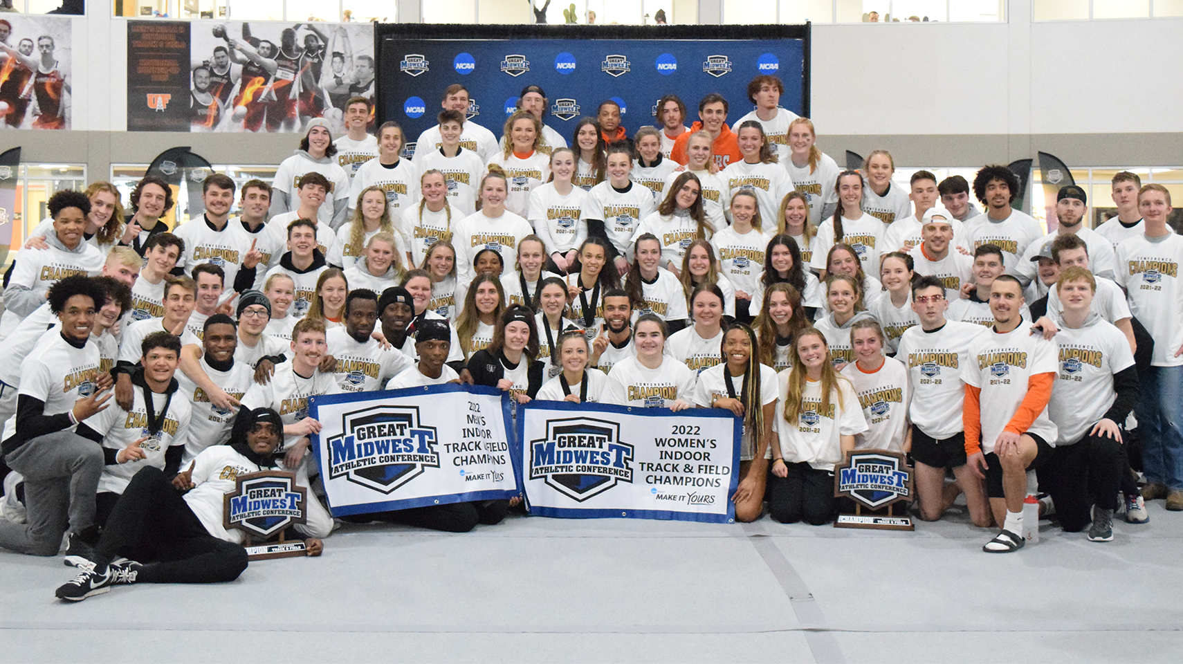 University of Findlay men and women's track teams with championship shirts on