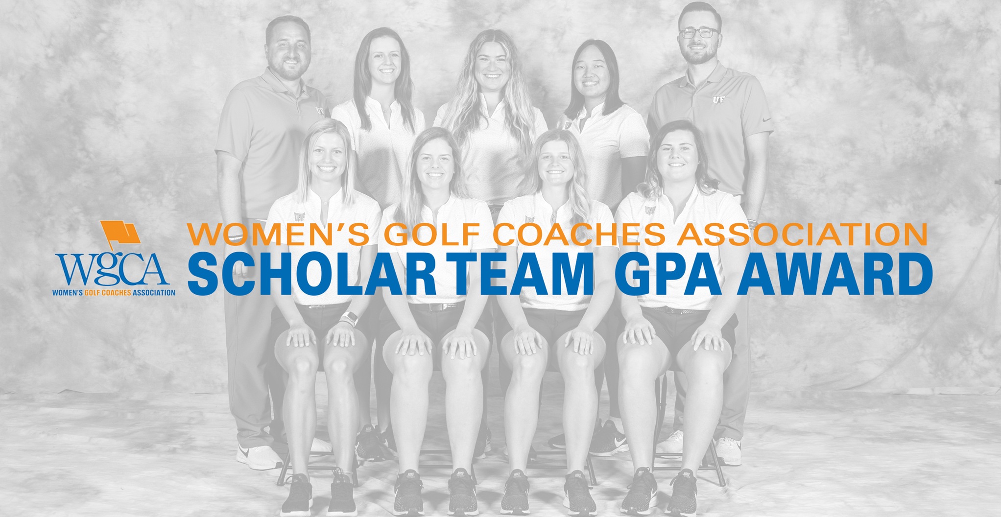 Women's golf scholar team GPA award with team picture in the background.