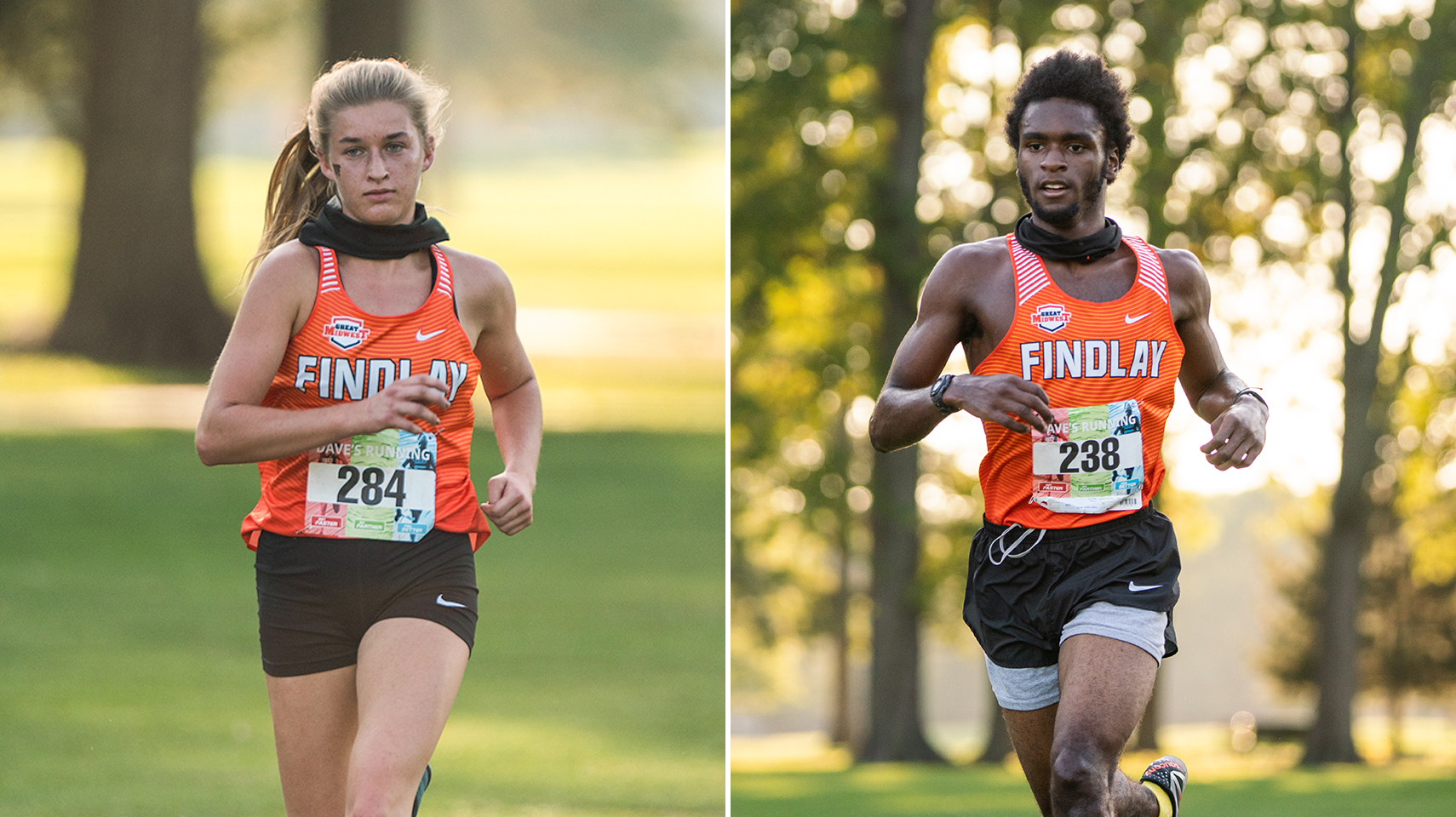 Female runner on left, picture of male runner on the right. Both in orange jerseys running on green grass.