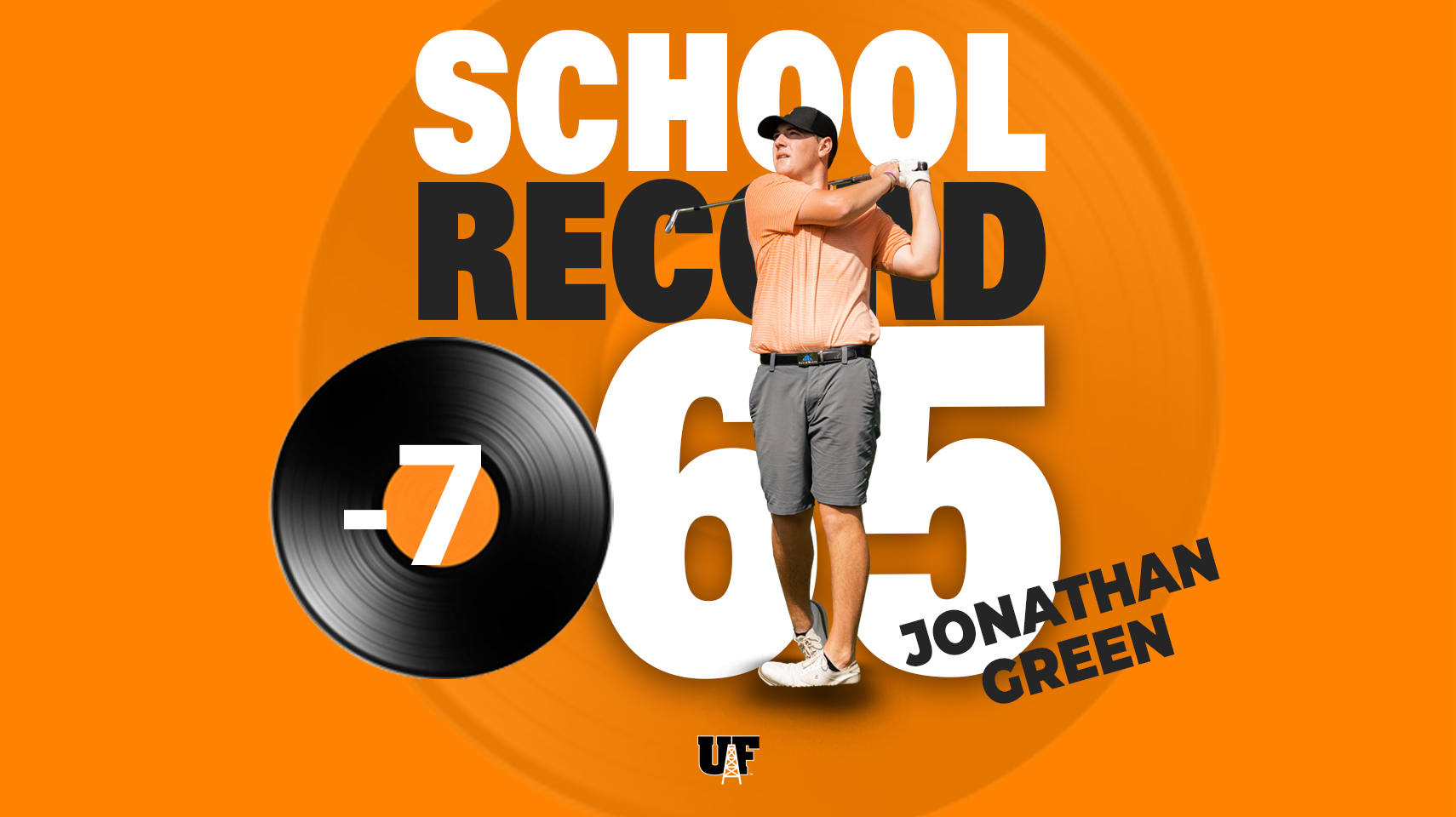 Men's golfer on orange background with school record 65 on the graphic